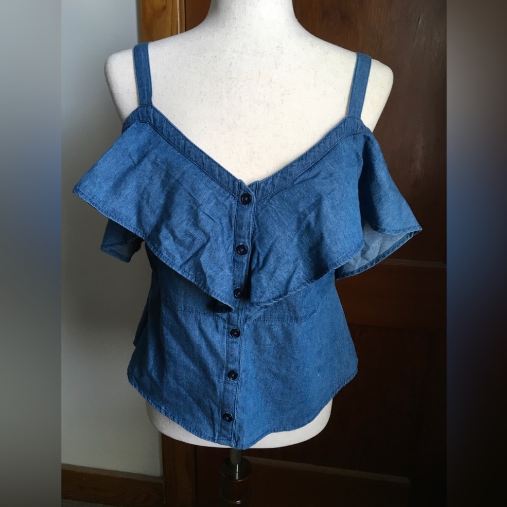 Venus Blue Ruffle Cold-Shoulder Button-Front Women's Top